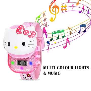 Aude kids Digital Hello kitty rotating Light glowing with music tune watch