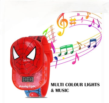 Aude kids Digital dial Spider man rotating Light glowing with music tune watch