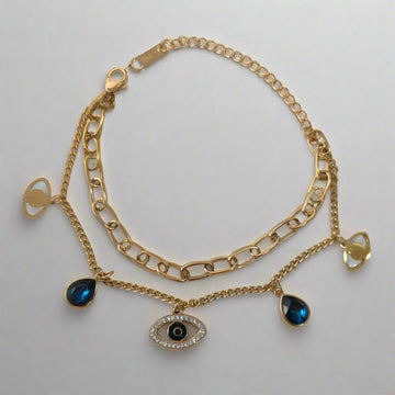 ANTI TARNISH GOLD TONE PLATED EVIL EYE LAYER CHAIN BRACELET