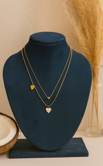 ANTI TARNISH HEART SHAPE DAINTY BEADED TWO LAYER NECKLACE