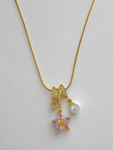 Anti-tarnish Pink flower Pearl Charms Pendant Chain