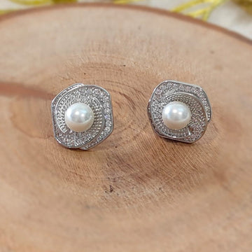 925 STERLING SILVER TONE PLATED FLOWER PEARL EARRING