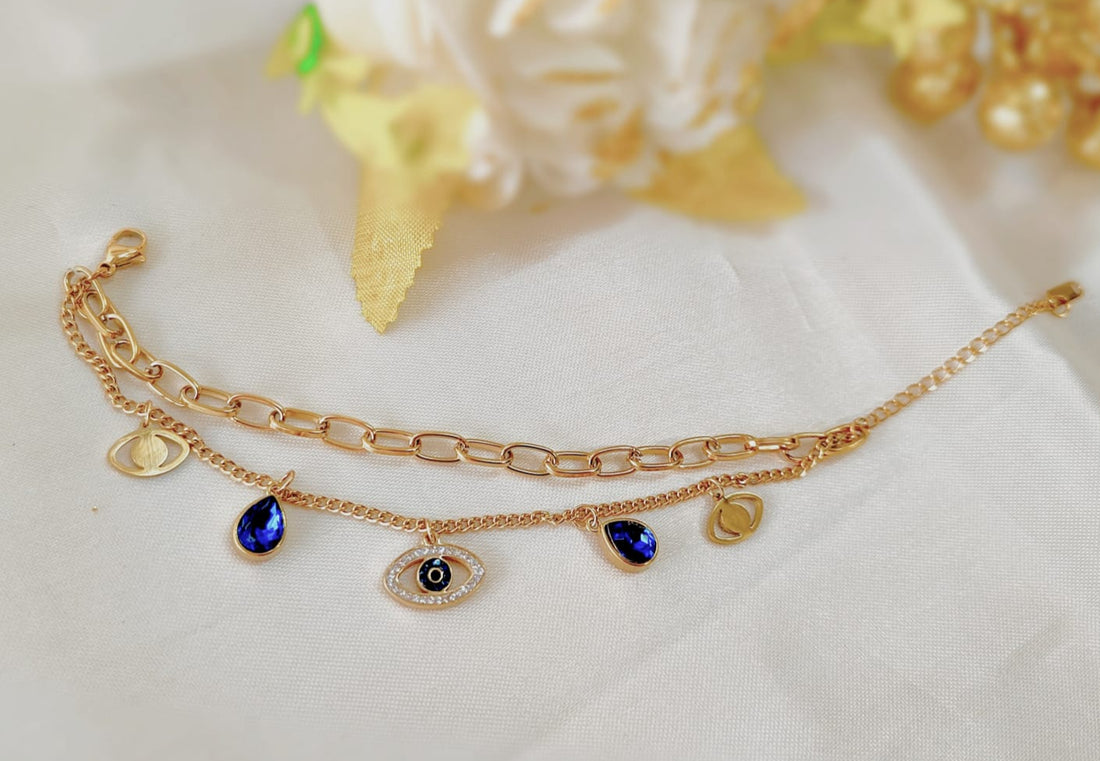ANTI TARNISH GOLD TONE PLATED EVIL EYE LAYER CHAIN BRACELET