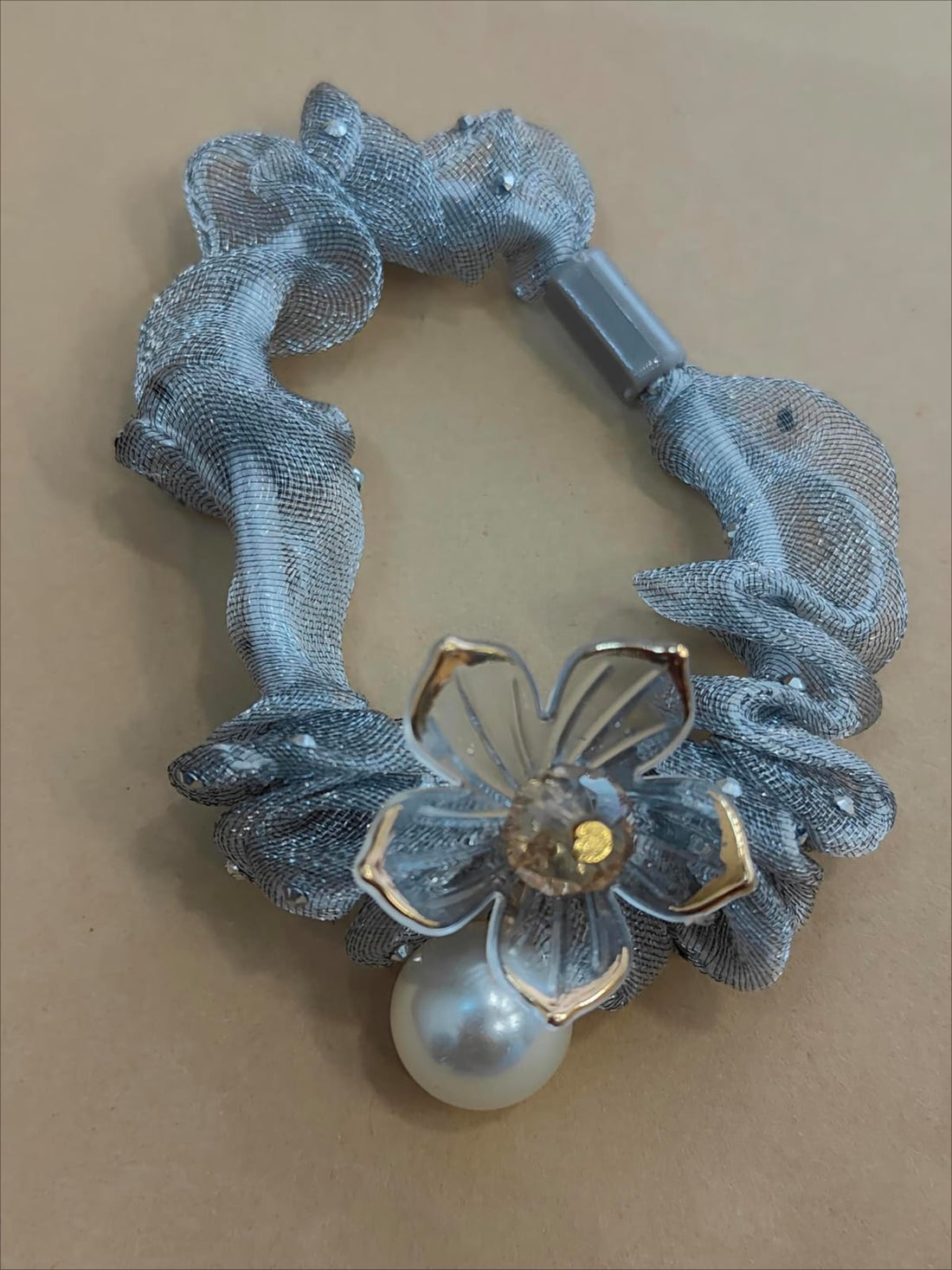 Stylish Pearl Flower Organza shimmer Hair Scrunchies, Elastic Rubber Bands For Ponytail Holder.