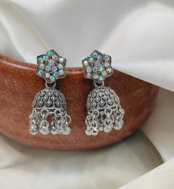Crystal Shine Flower Oxidized Jhumkis