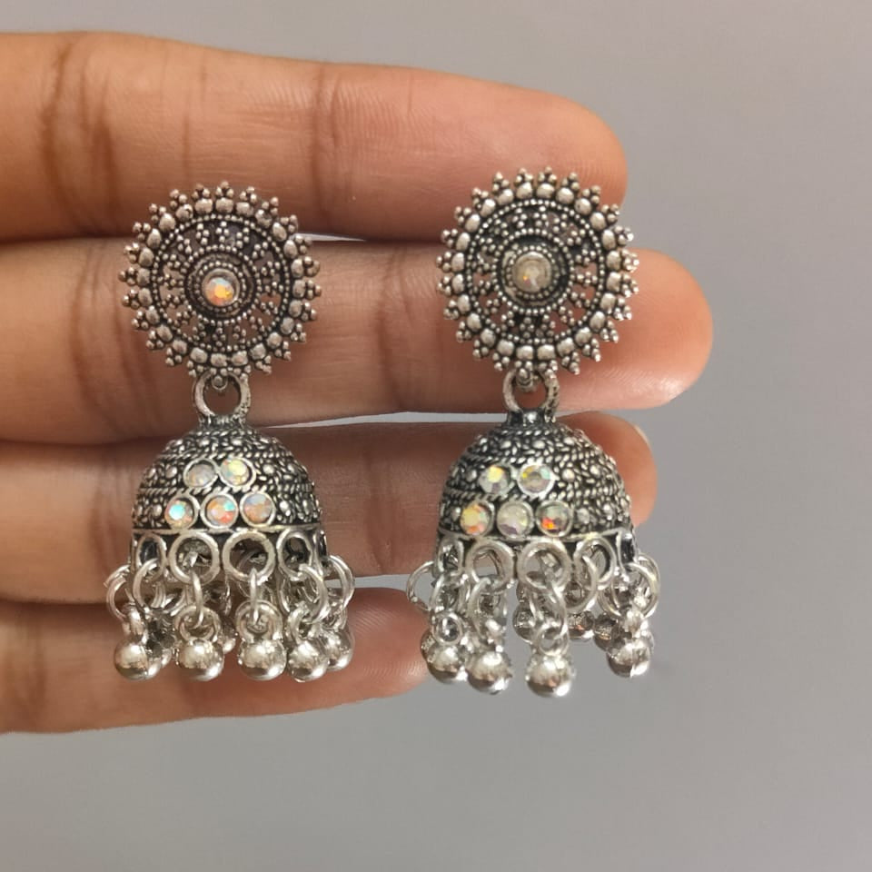 Crystal Shine Mandala Oxidized Jhumkis