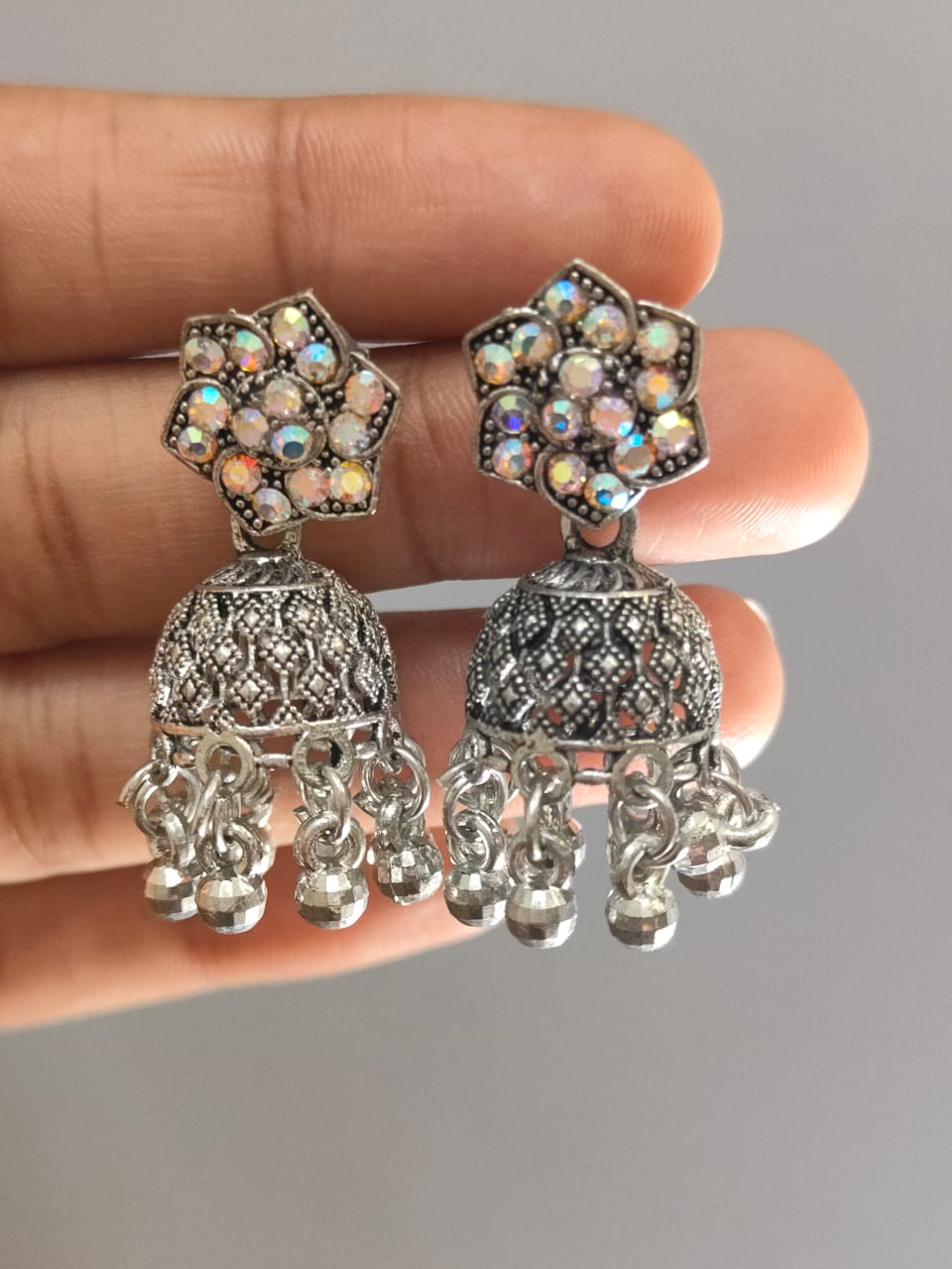 Crystal Shine Flower Oxidized Jhumkis