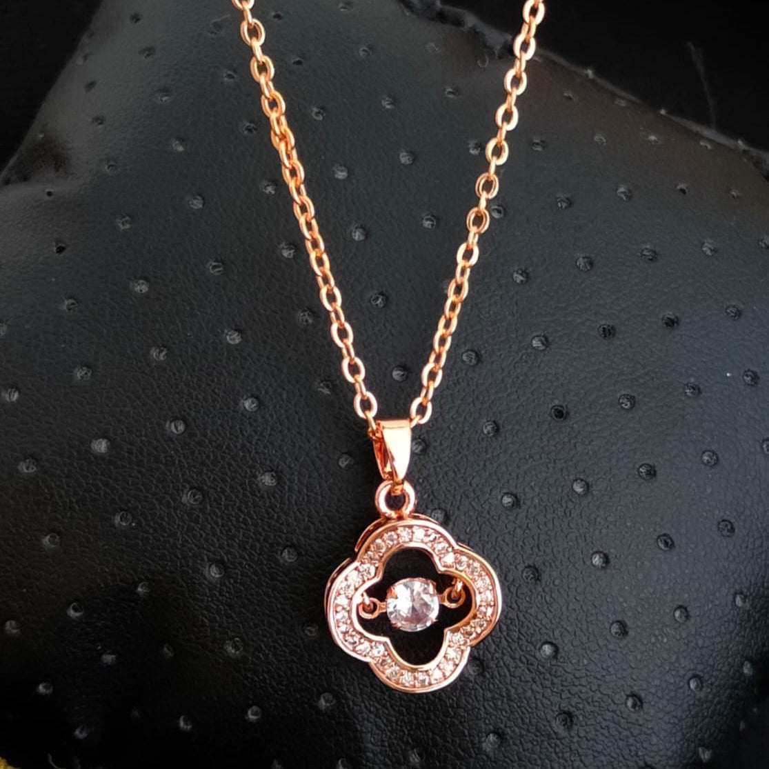 ROSE GOLD PLATED DANCING DIAMOND MINIMAL FLOWER DESIGN  PENDANT CHAIN