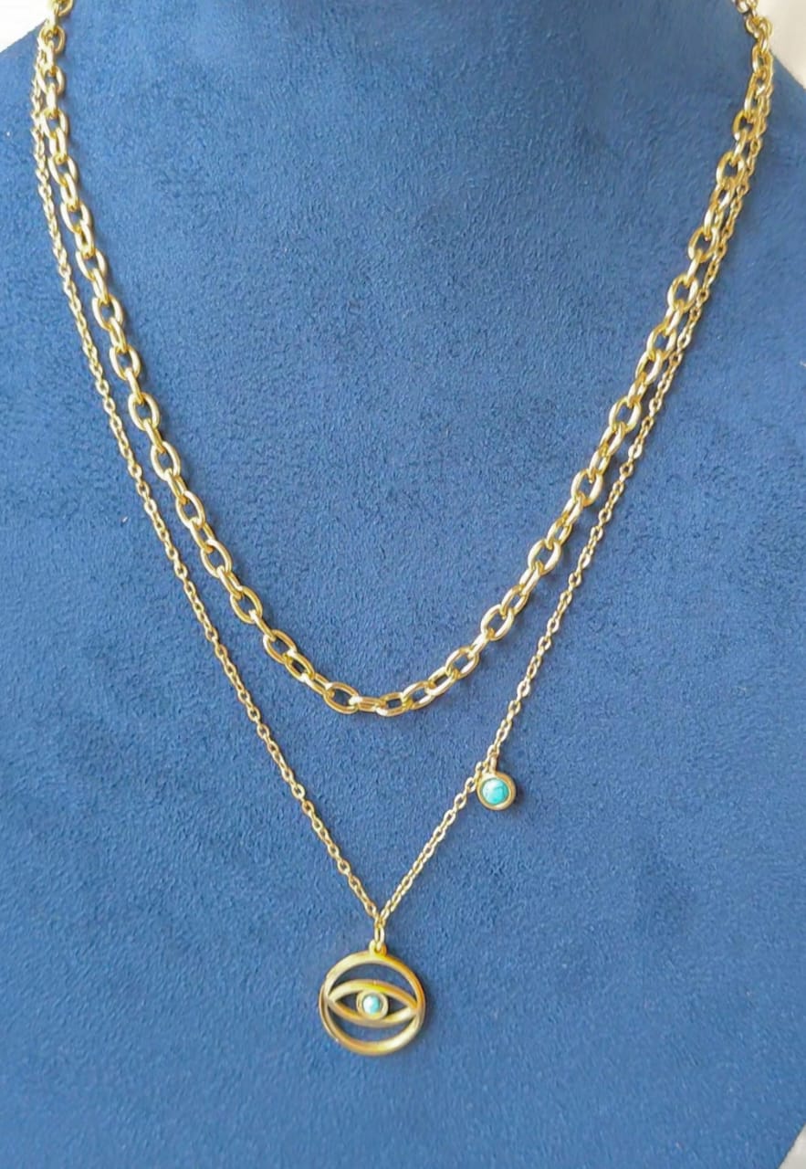 ANTI TARNISH TURQUOISE EVIL EYE TWO LAYER NECKLACE