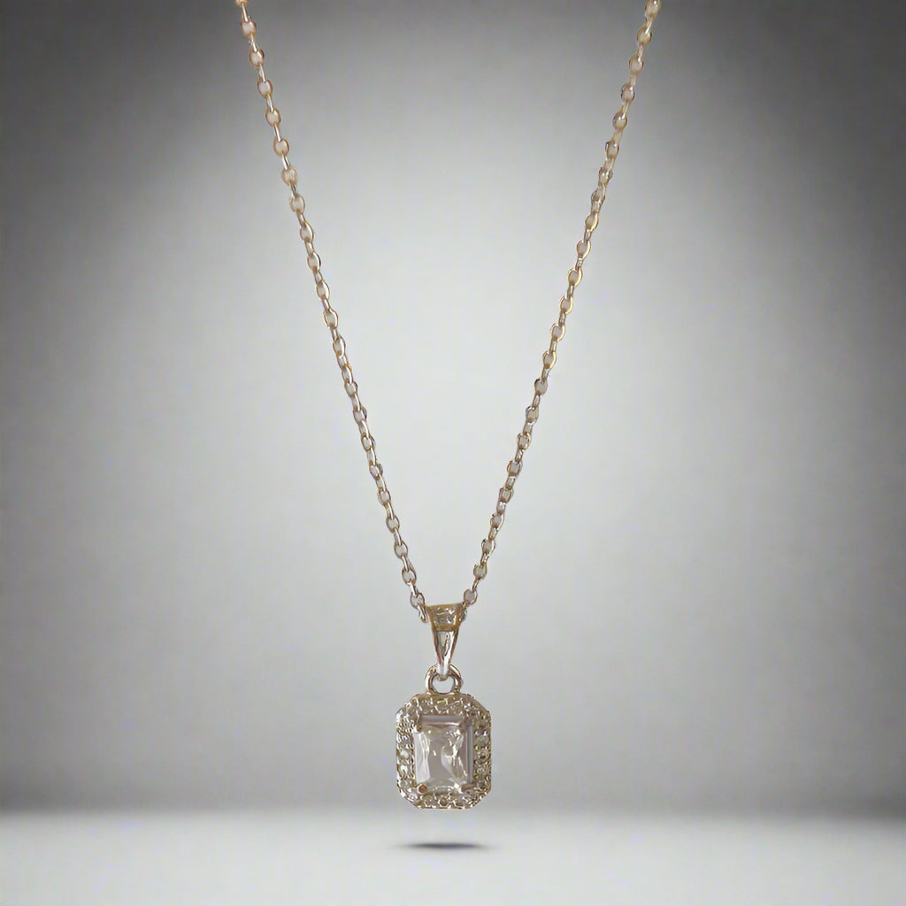SILVER PLATED CUBIC WHITE CRYSTAL STUD PENDANT CHAIN