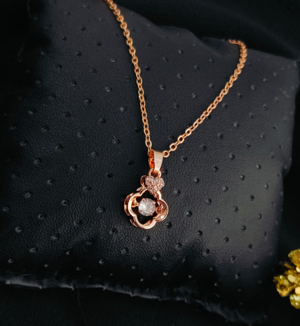 ROSE GOLD PLATED DANCING DIAMOND MINI HEART FLOWER PENDANT CHAIN