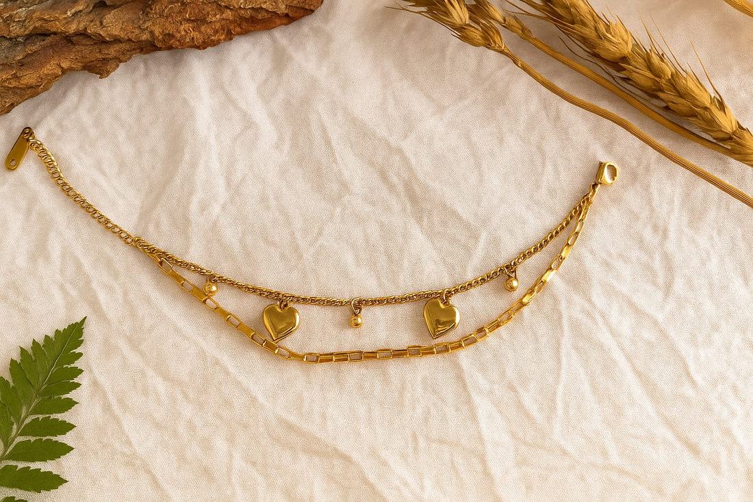 ANTI TARNISH GOLD TONE PLATED HEART LAYER CHAIN BRACELET