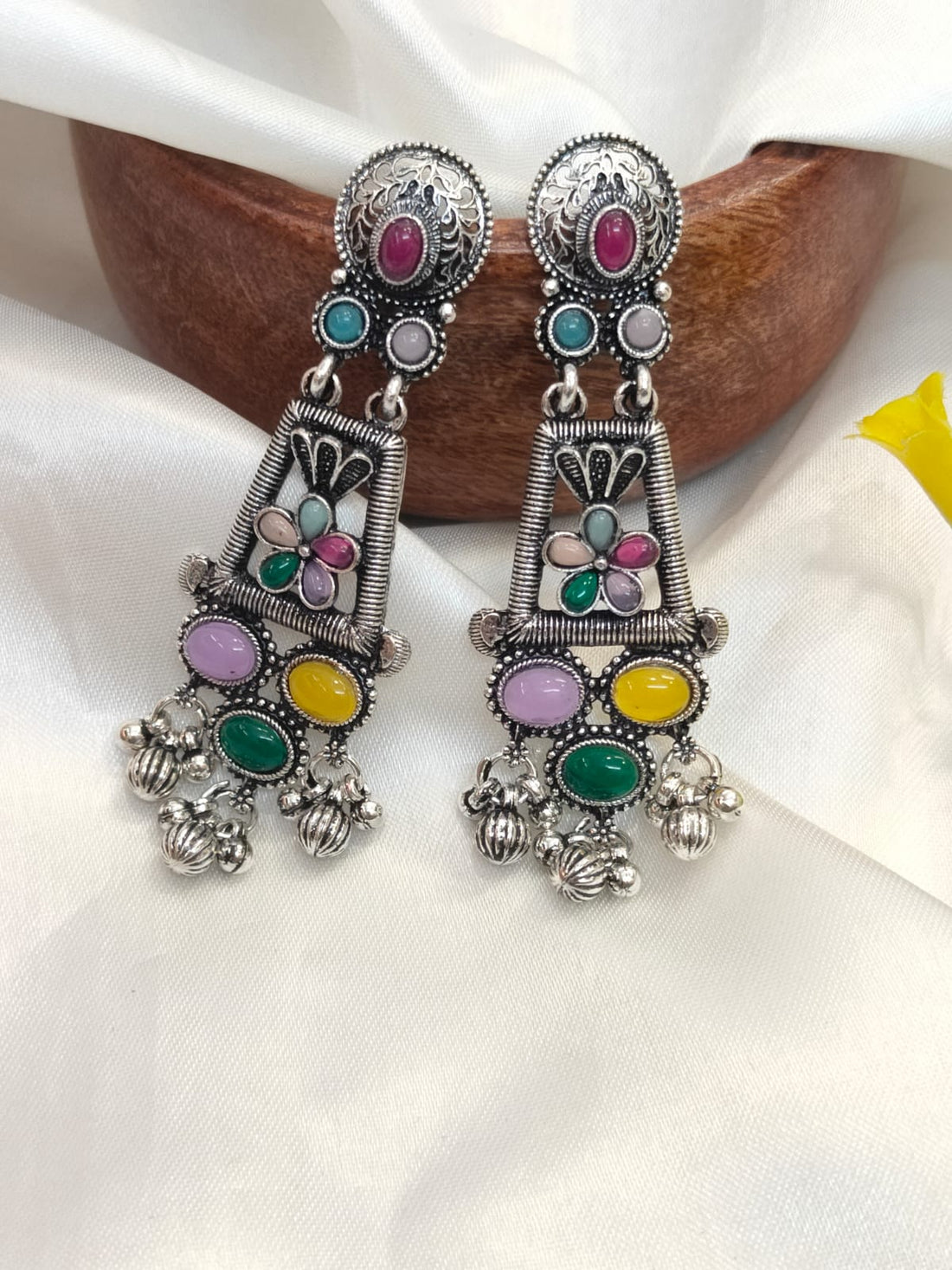 Vintage Multicolor Stone Oxidized Dangle Earring